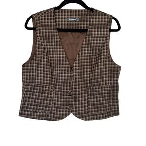 Allegra K‎ Plaid Button Down Vest Brown